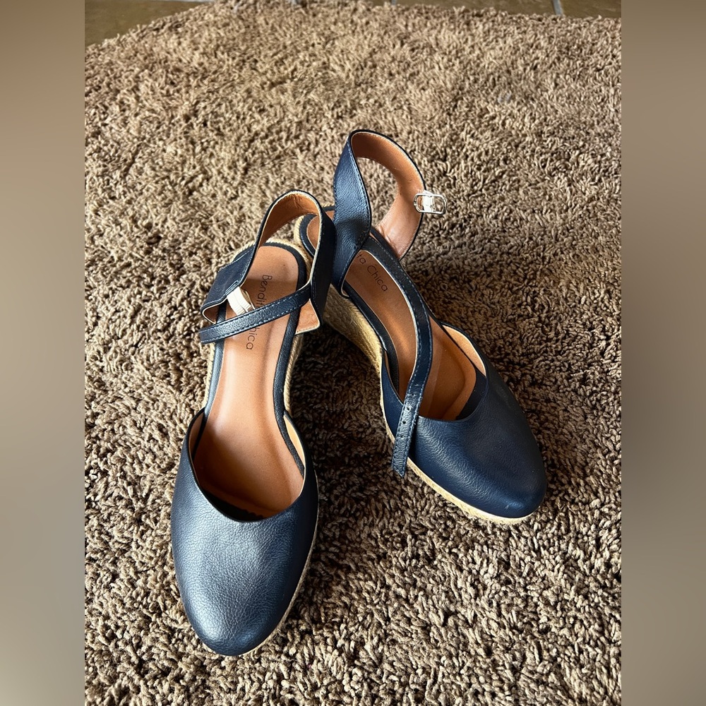 Bruno Magli Navy Leather Espadrille Wedge Sandals